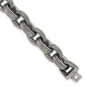 Stainless Steel Antiqued and Polished 8.5 inch Grooved Link Bracelet